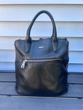 Vintage DKNY Black Pebbled Leather Tote / Backpack Bag with Front Zip